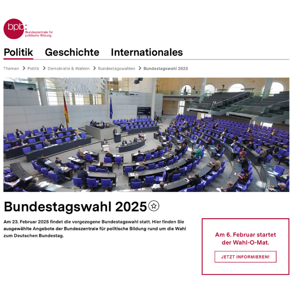 Screenshot der Themenseite zur Bundestagswahl 2025 der Bundeszentrale für politische Bildung