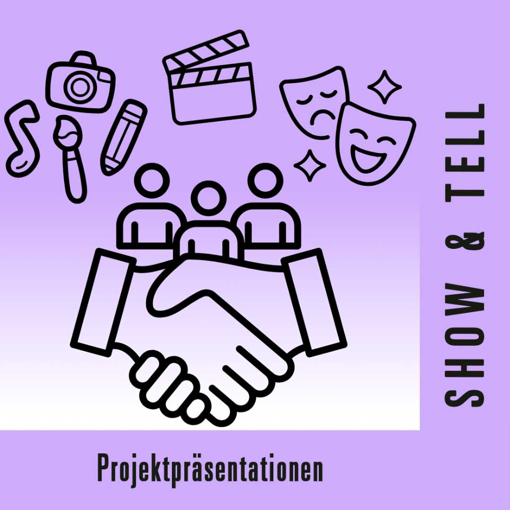 Grafik mit Zeichnungen unterschielicher künstlerischer Disziplinen und das Symbol für "sich die Hand geben"